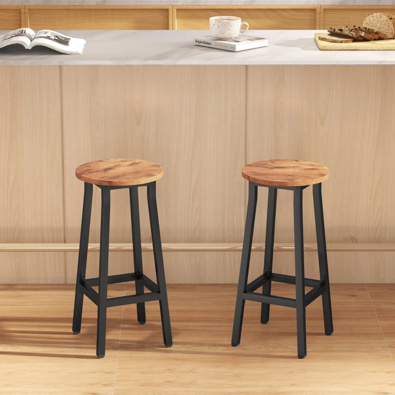 HOMCOM Bar Stools Set of 2 Breakfast Bar Stools with Footrest, Industrial Round, 32 x 32 x 65 cm, Rustic Brown