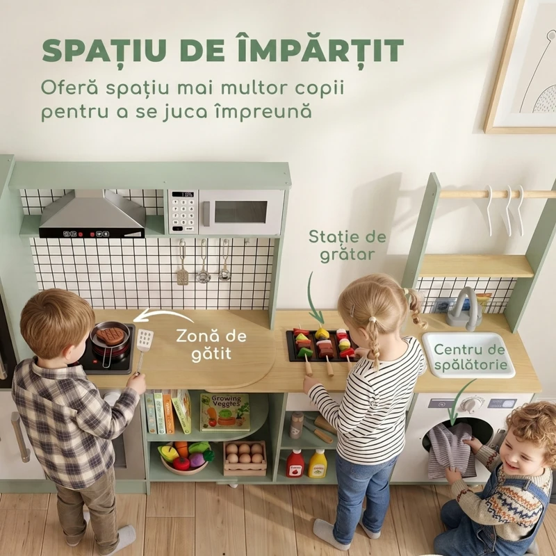AIYAPLAY Bucătărie pentru Copii 3-8 Ani cu Blat Rotativ, Verde Deschis