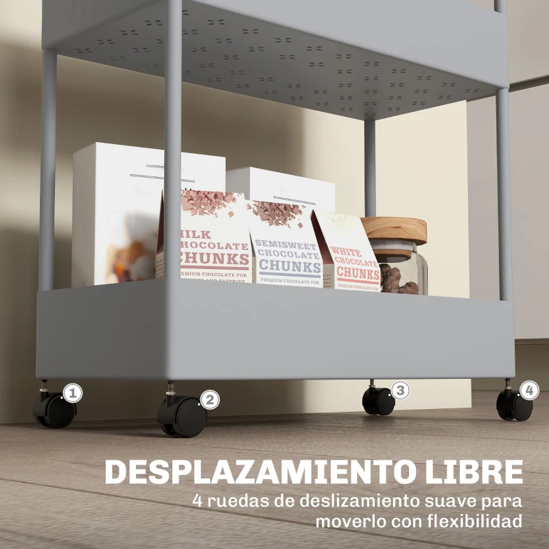 HOMCOM Carro de Cocina de 4 Niveles Carrito Auxiliar con Ruedas 4 Cestas y 4 Ganchos Extraíbles para Salón 40x19x90 cm Gris