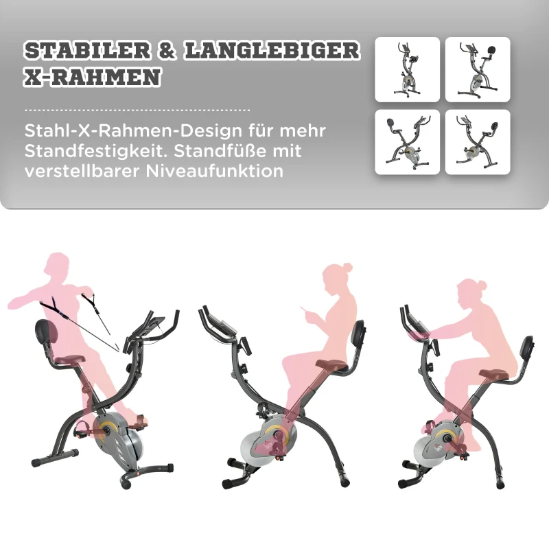 HOMCOM hometrainer, 2-in-1 fietstrainer, 6 kg vliegwiel hometrainer met instelbare magnetische weerstand in 16 niveaus en 1 paar spankoorden, staal, zwart, 51 x 97 x 115 cm