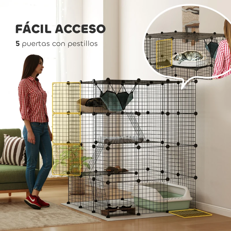 PawHut Jaula Grande para Gatos Interior de 4 Niveles con 5 Puertas 3 Plataformas de Salto 3 Rampas Hamaca 105x105x140 cm Negro