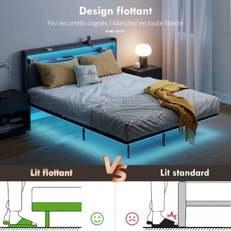 HOMCOM Cadre de lit 160 x 200 cm avec sommier acier, lit 2 personnes flottant avec lumières LED RGB et station de charge, gris