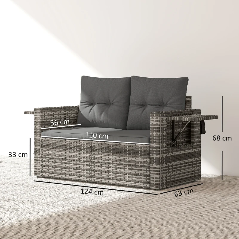 Outsunny 2 Seater Rattan Garden Sofa Outdoor Loveseat with Hidden Side Trays and Cushions for Patio Balcony, Dark Grey