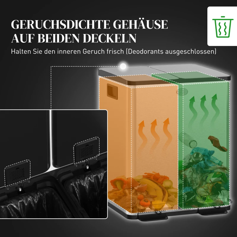 HOMCOM 2 x 20 L Doppelmülleimer, Pedalöffnung, leicht zu reinigen, Edelstahl, Kunststoff, Silber