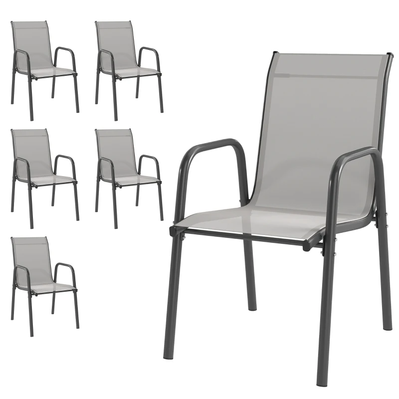 Outsunny Juego de 6 Sillas de Jardín Exterior Apilables con Reposabrazos Asiento y Respaldo de Malla Estructura de Metal Gris