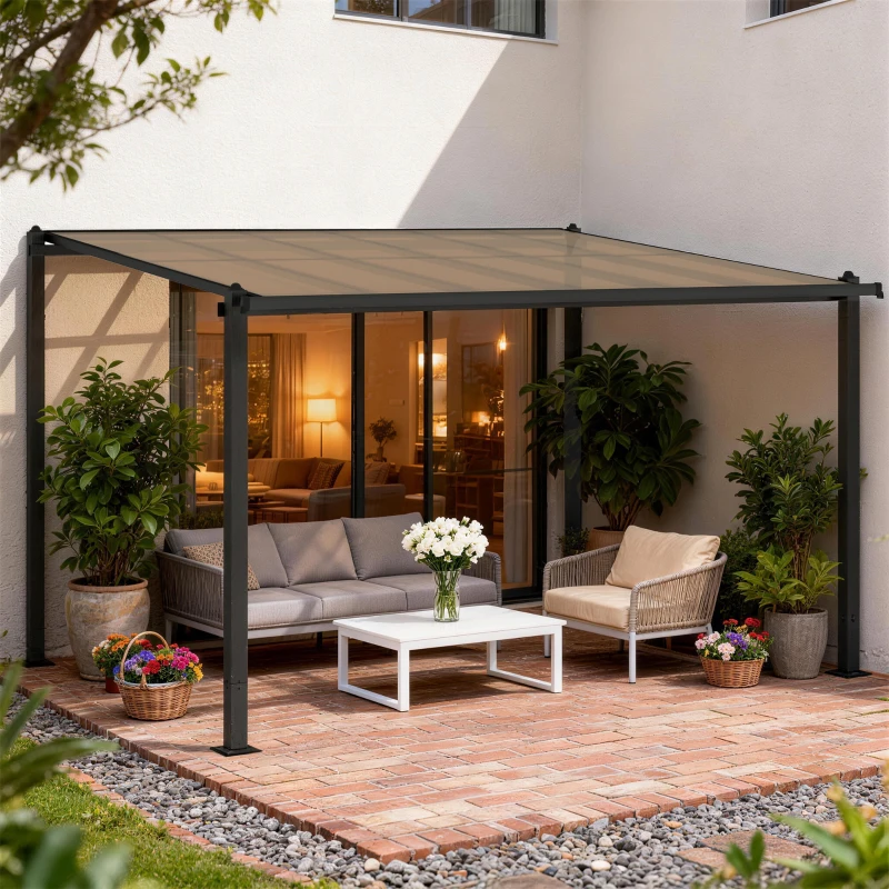 Outsunny 3.6 x 3 m Lean to Garden Pergola with PC Roof, Aluminium Frame Hardtop Gazebo Pergola with Drainage Gutters, Dark Grey