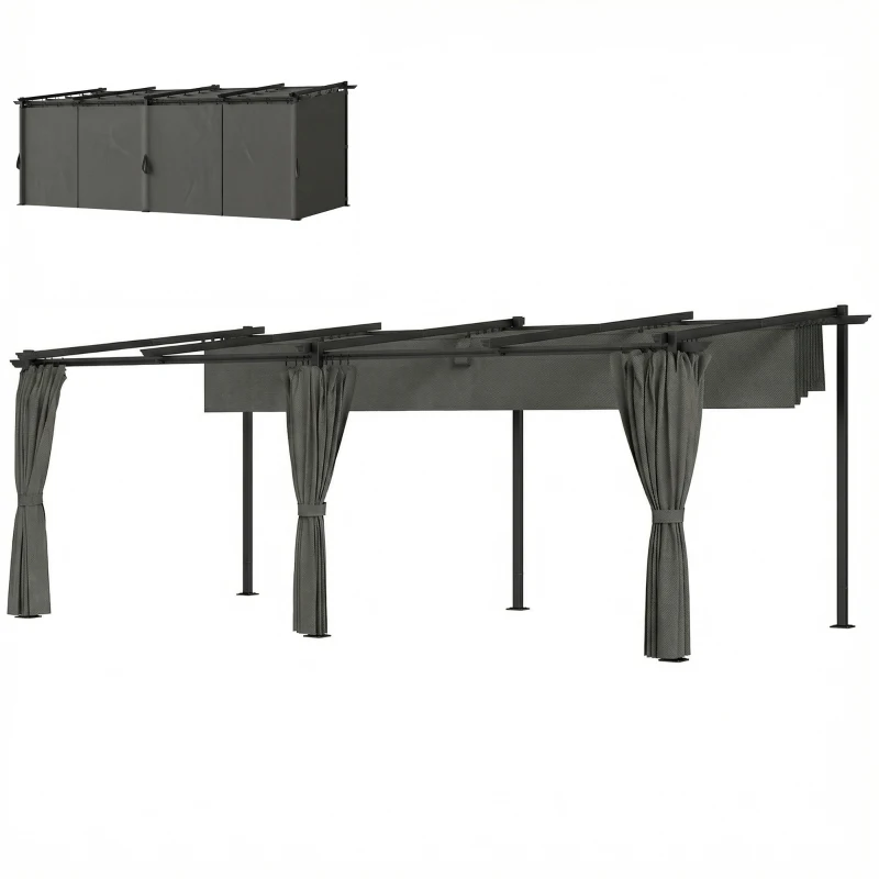 Outsunny Pergola rétractable avec rideaux latéraux, tonnelle de jardin en métal avec protection solaire UPF30+, gris foncé