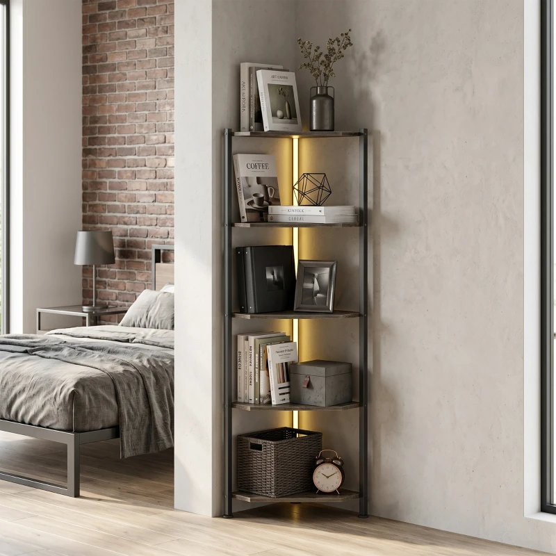 HOMCOM Boekenkast 5-laags Hoekkast met LED-verlichting voor woonkamer, slaapkamer, kantoor, Rustiek bruin