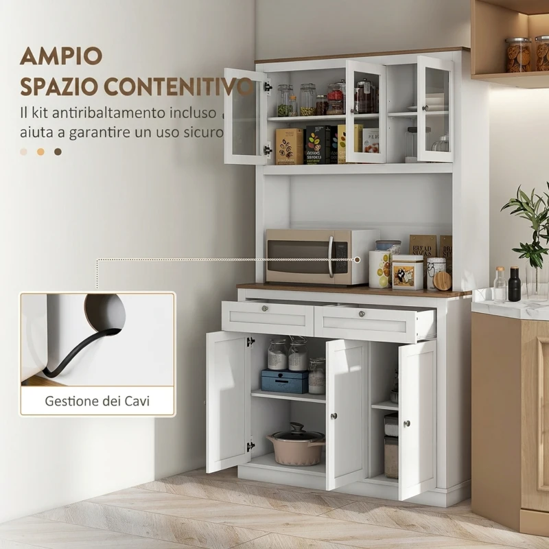 HOMCOM Credenza Cucina Alta con 4 Armadietti, 2 Cassetti e Piano Centrale, 100x40x180 cm, Bianco