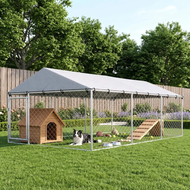 PawHut Recinto para Perros de Exterior con Malla Galvanizada y Cerradura de Acero y Tejido Oxford 4x2,3x1,5 m Plateado