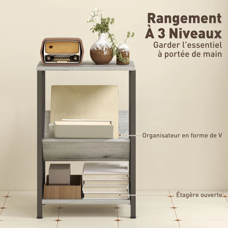 HOMCOM Table d'appoint étroite, bout de canapé rangement à 3 niveaux, porte-revues en V, cadre en acier, 40x30x61cm, gris foncé