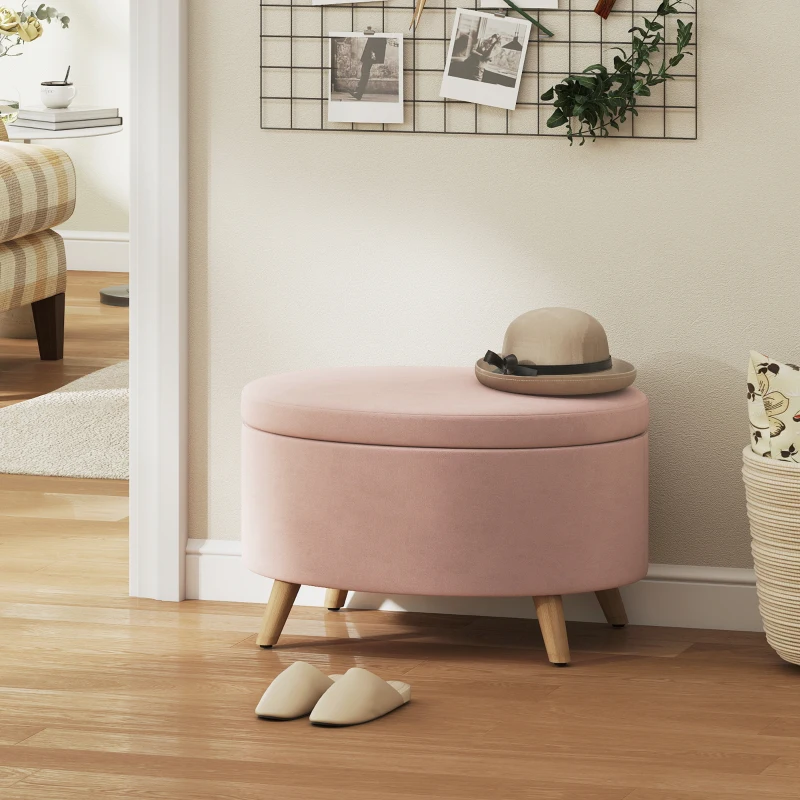 HOMCOM Puff Almacenaje Ovalado Banco Almacenaje 71x51,5x42 cm Tapizado en Terciopelo con Patas de Madera Maciza Rosa Claro