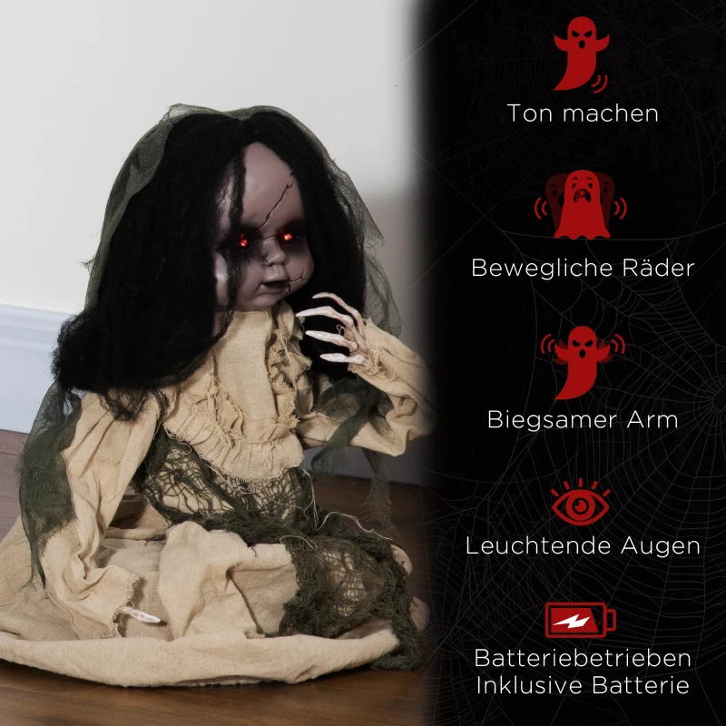 Outsunny Halloween-decoratie van 83 cm Bewegende spookpop met speciale effecten en geluidsfunctie, rode ogen met kroonluchters, gemotoriseerde wielen, horrorpop