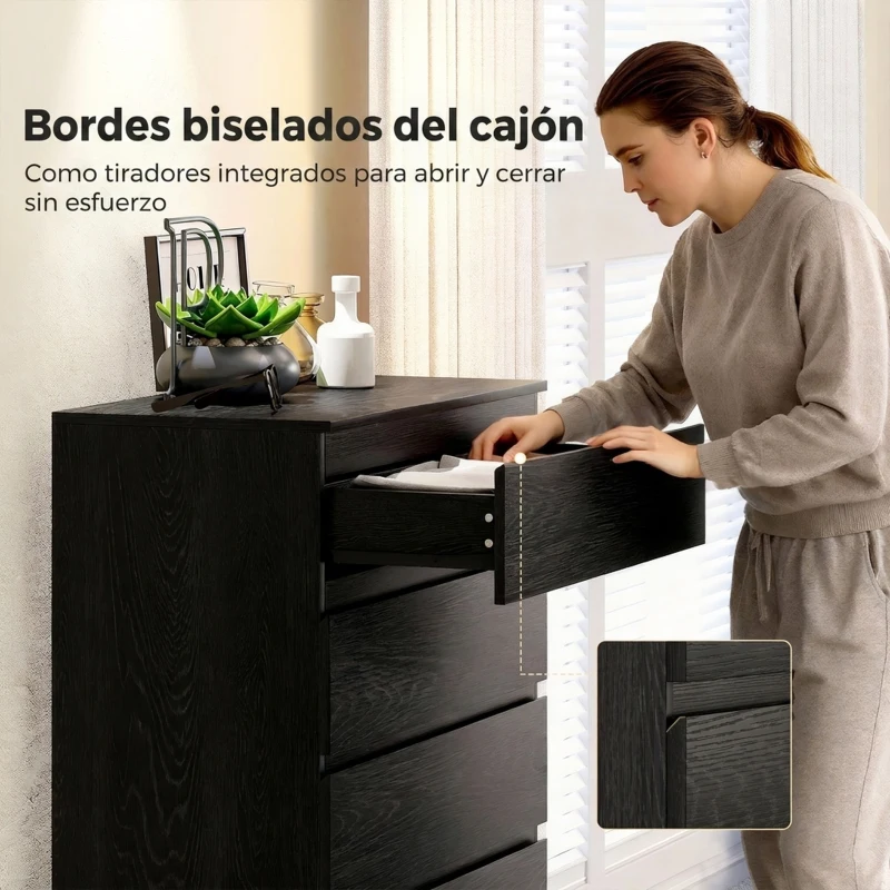 HOMCOM Cómoda para Dormitorio de 5 Cajones Cajonera para Salón Oficina Estilo Moderno 77x40x111,5 cm Negro Veteado