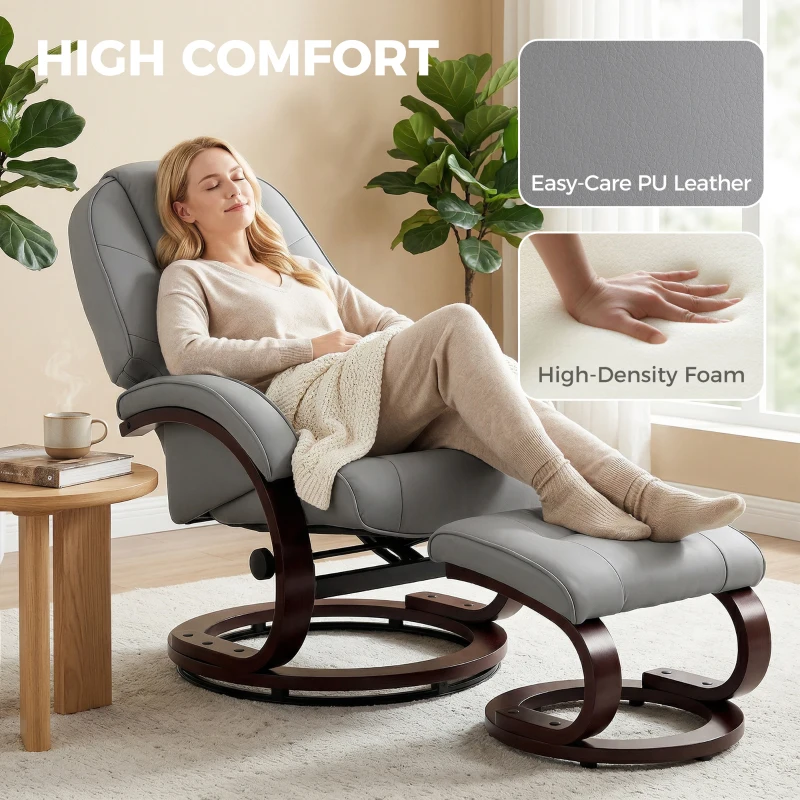 HOMCOM Swivel Recliner Chair with Footstool, PU Leather Recliner Armchair with Adjustable Back and Wood Frame, Grey