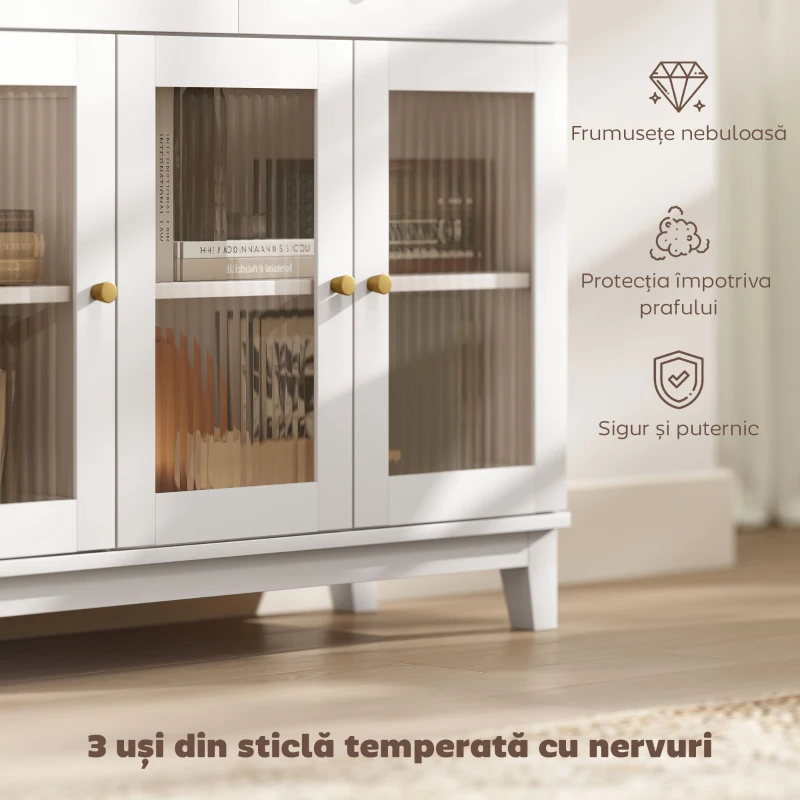 HOMCOM Bufet de Bucătărie cu 2 Sertare și 2 Dulapuri cu Uși din Sticlă, din Lemn, 100x35x80,3 cm, Alb și Stejar