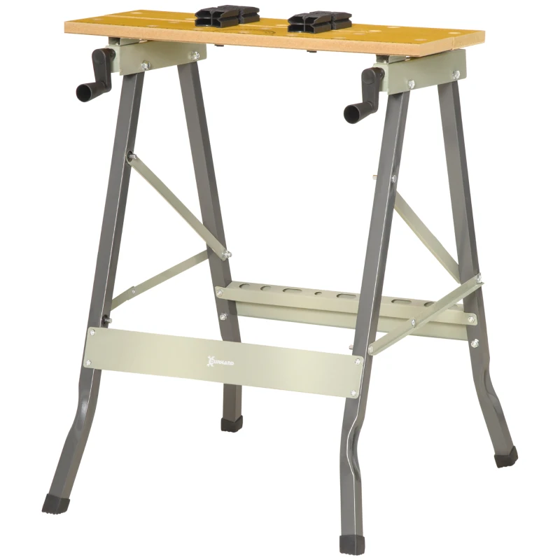 DURHAND Banco de Trabajo Plegable 4 en 1 Mesa de Trabajo con 4 Abrazaderas 2 Manivelas 62,5x60,5x78,5 cm Natural y Gris