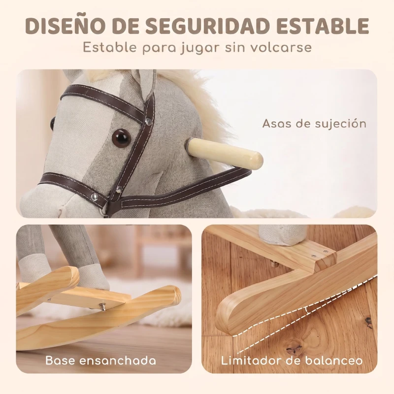 AIYAPLAY Caballo Balancín con Sonidos y Asas de Seguridad Base de Madera para Niños de 12 a 36 Meses Gris