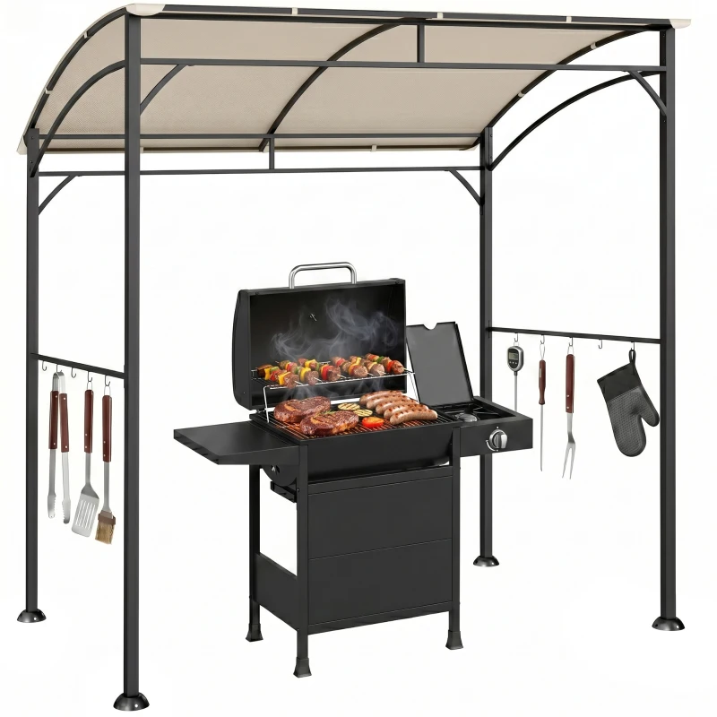 Outsunny Grillpavillon, Grillüberdachung, Regenschutz, Haken für Utensilien, Stahlrahmen, Beige+Schwarz, 215 x 150 x 182/220 cm