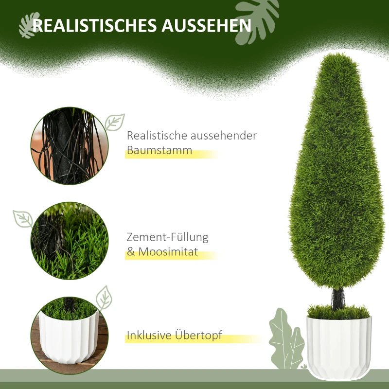 HOMCOM Set van 2 kunstplanten inclusief plantenbak en kunstmos; kunstcipres, wit en groen