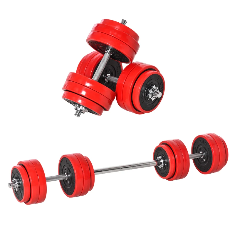 HOMCOM Juego de Mancuernas 30 kg Ajustables 2 en 1 con 12 Discos 2 Barras y Biela Ajustable para Entrenamiento de Fuerza Levantamiento de Pesas Hogar Gimnasio Oficina Negro y Rojo