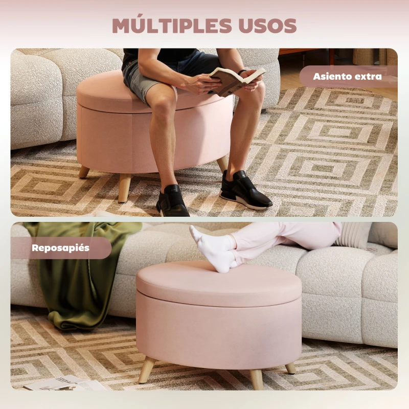 HOMCOM Puff Almacenaje Ovalado Banco Almacenaje 71x51,5x42 cm Tapizado en Terciopelo con Patas de Madera Maciza Rosa Claro