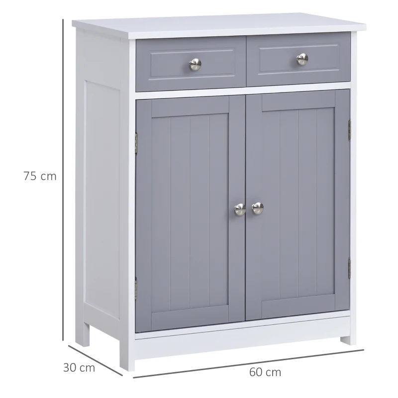 kleankin Meuble de salle de bain meuble de rangement 2 tiroirs placard double porte et étagère réglable 60 x 30 x 75 cm gris