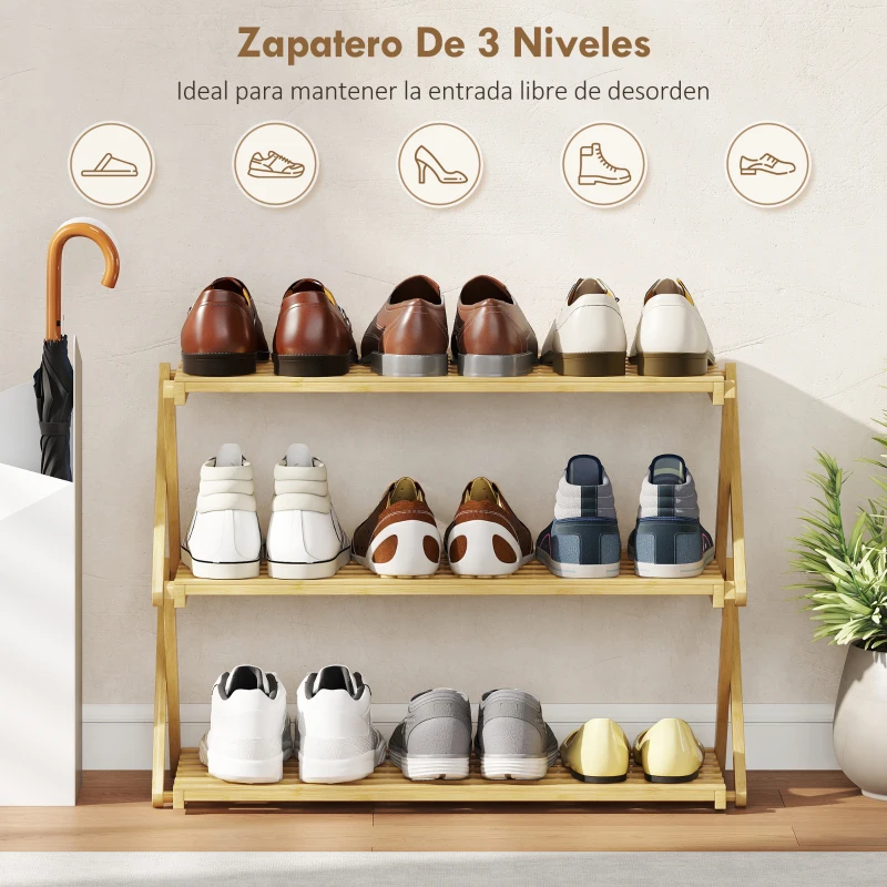 HOMCOM Zapatero Estrecho de Bambú Zapatero Vertical Plegable de 3 Niveles Sin Instalación Natural