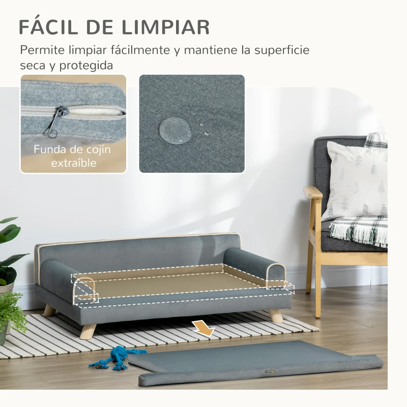 PawHut Sofá para Perros Grandes y Medianos Tapizada en Chenilla con Cojín Lavable y Patas de Madera de Pino Gris Oscuro