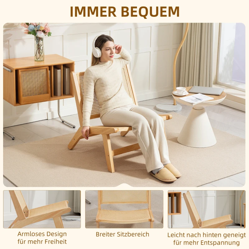 HOMCOM Rotanstoel, Leesstoel, Houten Frame, Brede Zitting, 64 x 70 x 74 cm, Natuurhout