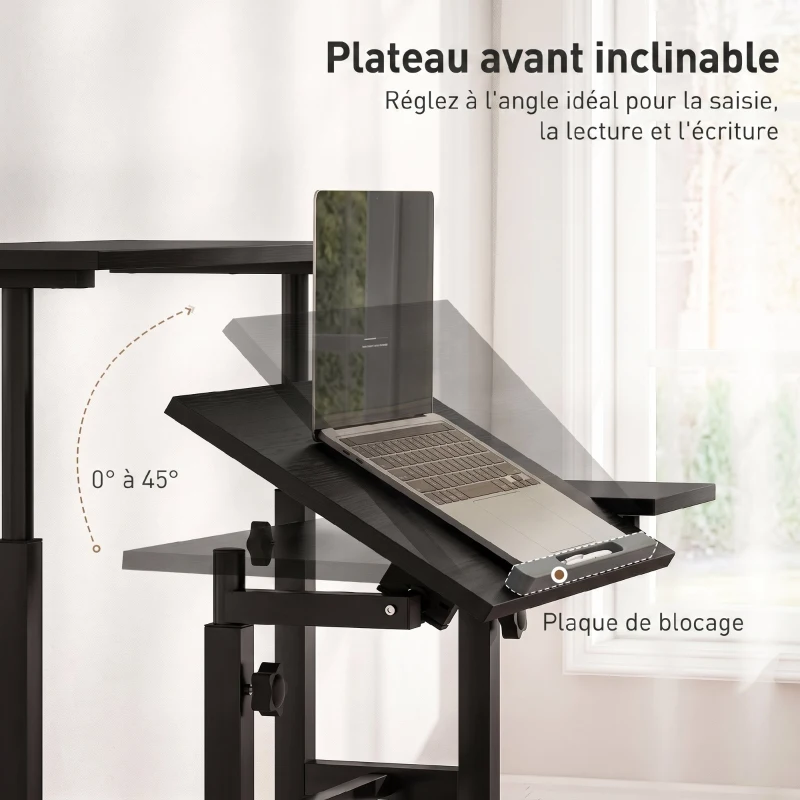 HOMCOM Bureau assis debout bureau réglable en hauteur 70 x 60 cm à roulettes avec plateau inclinable cadre en métal noir