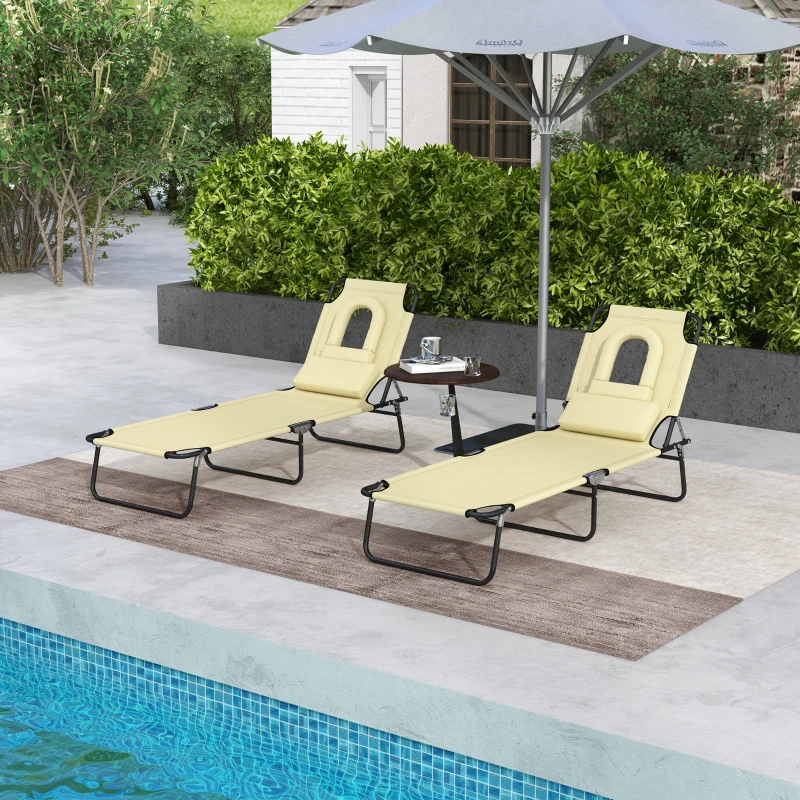 Outsunny Folding Sun Loungers Set of 2 with Face Hole, 4-Position Adjustable Backrest Garden Recliner Chair Sunbed, Outdoor Lounge Chair with 500 D Oxford Cloth Seat, Pillow for Beach, Beige