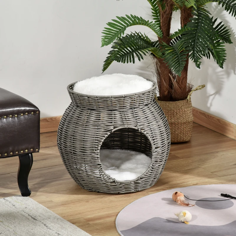 PawHut Cesta per Gatti a 2 Livelli in Rattan PE con Cuscini Lavabili in Peluche, Φ50x43.5cm