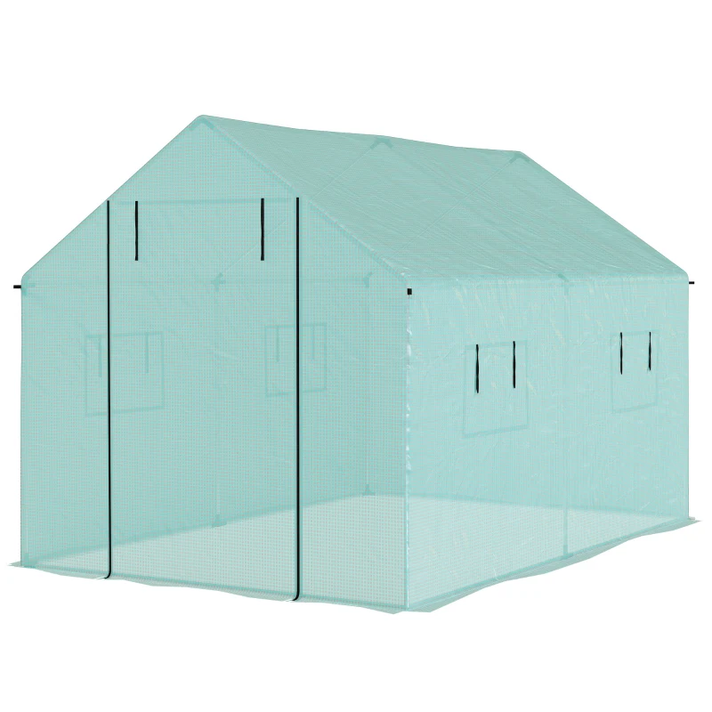 Outsunny Serre de jardin tunnel 2 x 3m, 6m² avec porte enroulable, 4 fenêtres, - Acier galvanisé PE Haute densité Vert