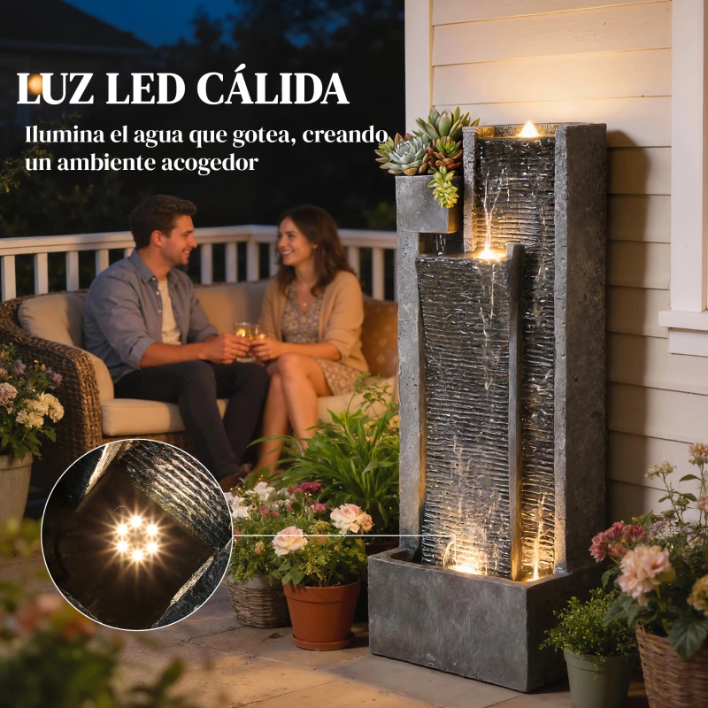 Outsunny Fuente de Jardín con Luces LED Maceta y Bomba Fuente Decorativa en Cascada de 5 Niveles 38x19x101 cm Gris Oscuro