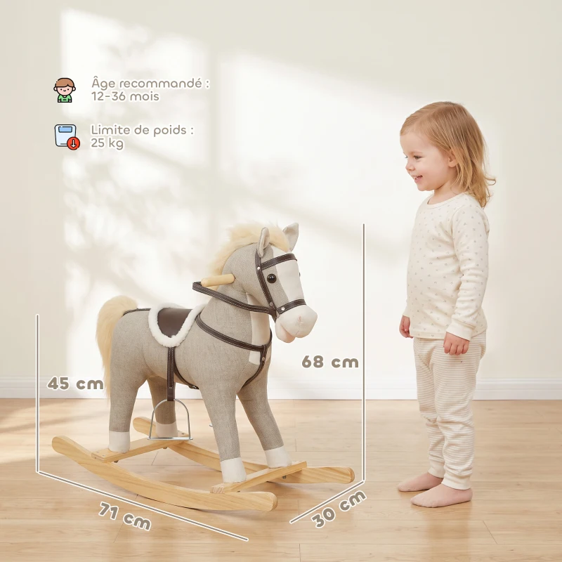 AIYAPLAY Cheval à bascule pour enfants, jouet à bascule bébé en tissu effet lin avec effets sonores et poignées de sécurité, gris