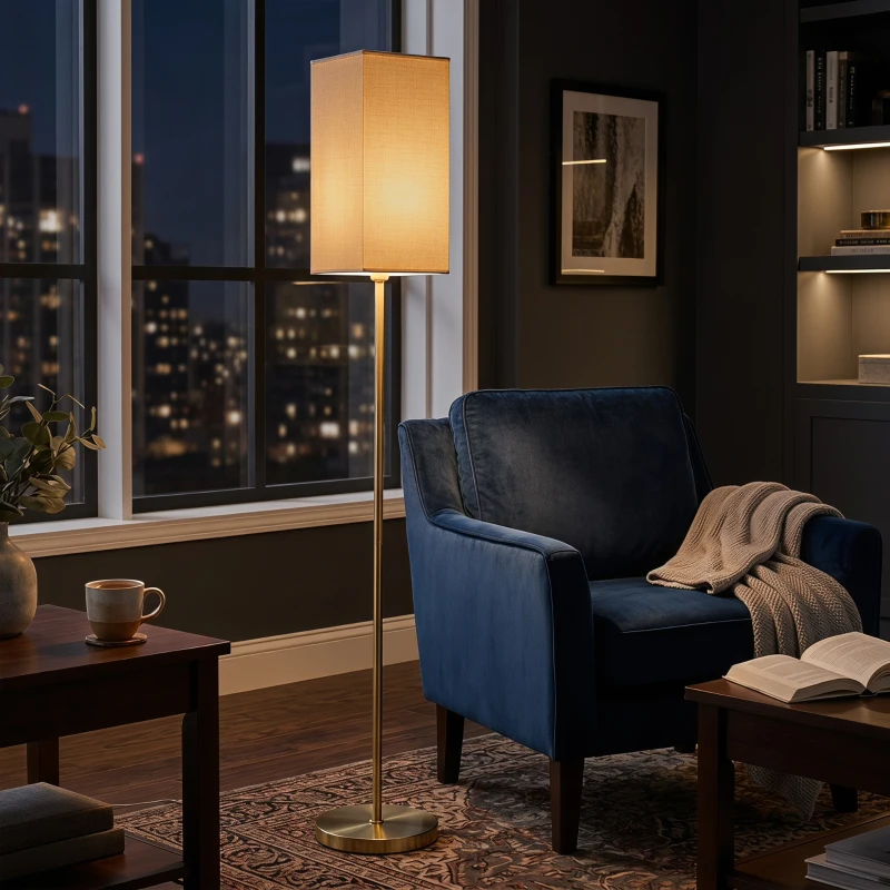 HOMCOM Floor Lamp, Modern Standing Lamp with Linen Shade and Foot Switch, Tall Lamps for Bedroom, Bulb not Included, Gold Tone