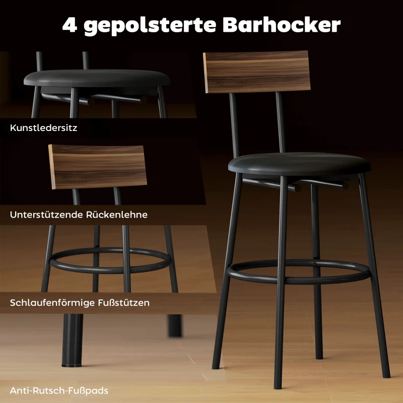 HOMCOM 5-delige Bartafelset met 4 Stoelen, Industrieel Design, voor Keuken, Eetkamer, Hout, Staal, Bruin(m-5)