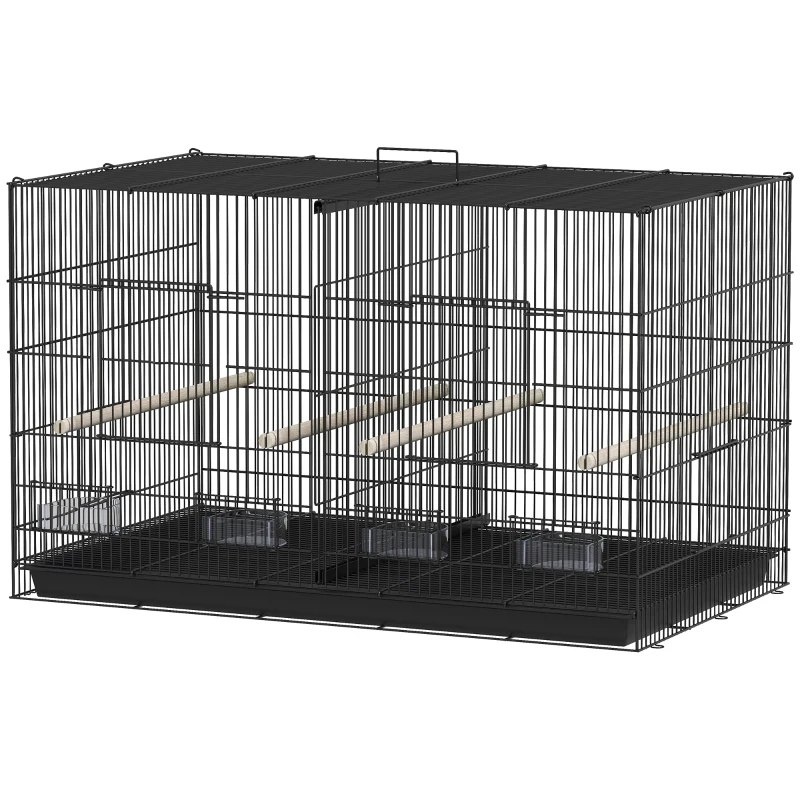 PawHut Jaula para Pájaros con Divisor 4 Comederos 4 Perchas Bandeja Extraíble para Loros Canarios Periquitos 94x57x57 cm Negro