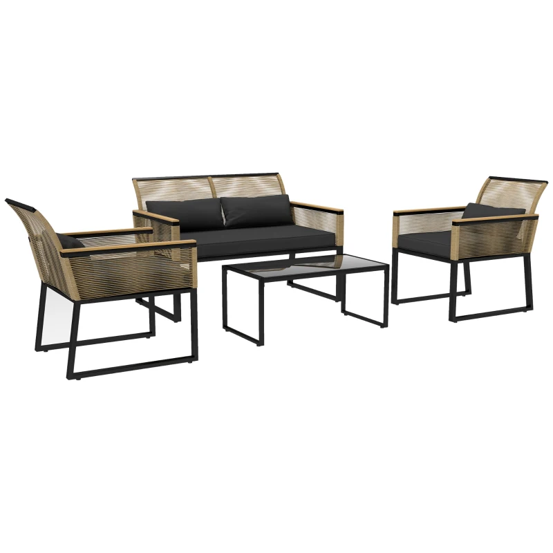 Outsunny Polyrattan Tuinmeubelset voor 4 Personen, Weerbestendig Balkonmeubelset met Tweezitsbank, 2 Stoelen, Glazen Tafel en Zitkussens Zwart