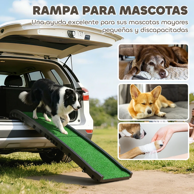 PawHut Rampa para Perros con Césped Artificial 155 cm Rampa para Perros para Coche Plegable con Asa Ángulo Ajustable Verde