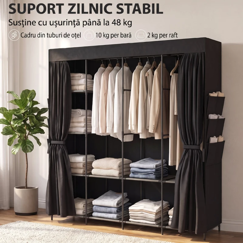 HOMCOM Dulap Textil Compact cu 5 Bare, 4 Rafturi, 6 Buzunare Laterale, Uși Antipraf cu Fermoar, Negru