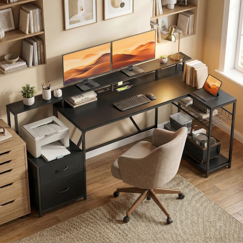 HOMCOM Scrivania Gaming Angolare con Hub di Ricarica, Luci LED e Supporto Monitor, in Legno e Acciaio, 192.5x80x86.5 cm, Nero