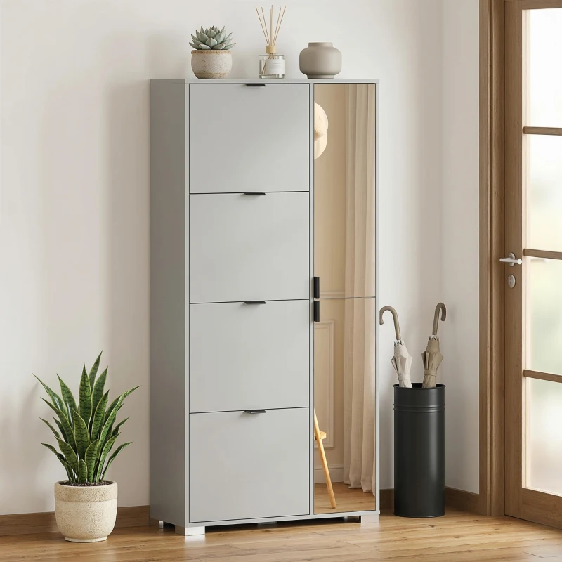 HOMCOM Scarpiera con Specchio, 4 Cassetti Ribalta, Scarpiera Ingresso, Grigio