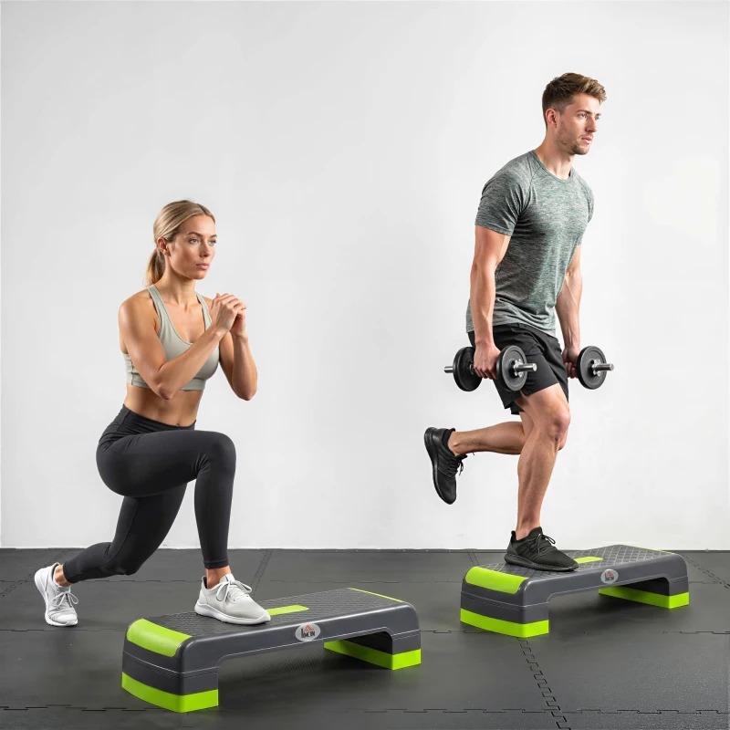 HOMCOM Plataforma Step para Deporte y Gimnasia con Altura Regulable en 10/15/20 cm Carga 150 kg 78x28x20 cm Gris y Verde