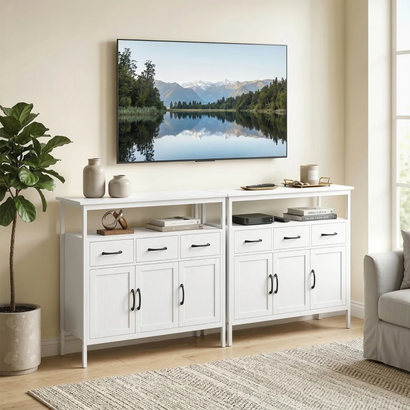 HOMCOM Buffet cuisine, meuble de rangement, 3 portes, 3 tiroirs, compartiment ouvert et étagères réglables, 95x35x88cm, blanc