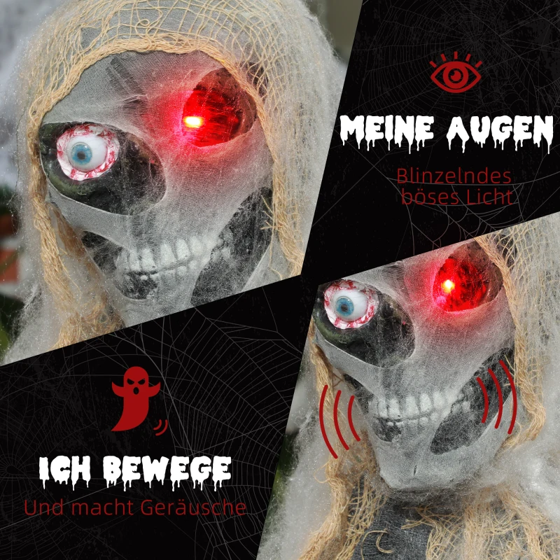HOMCOM Halloween Decoratie, Eenogige Mummie, Buigzame Armen, Gloeiende Ogen, Griezelig Gehuil, 55x18x35 cm