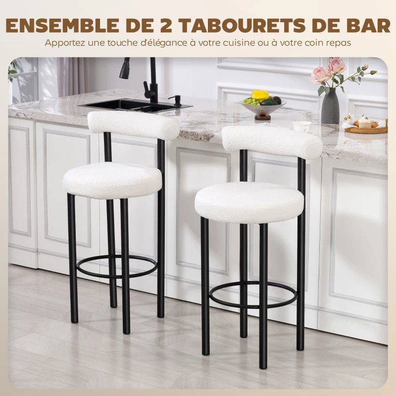 HOMCOM Lot de 2 tabourets de bar, chaises de bar en tissu bouclette avec dossier incurvé, repose-pieds, 50x52,5x98cm, blanc