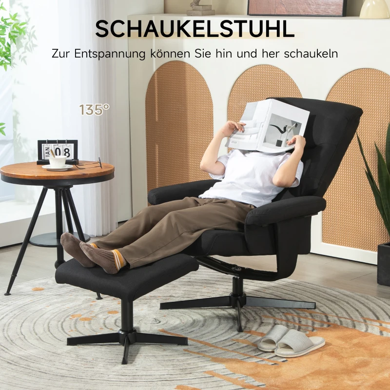 HOMCOM Relaxfauteuil met Voetenbank, Gestoffeerde TV-stoel met Lig- en Schommelfunctie, Draaibare Loungestoel in Fluwelen Look, voor Woonkamer en Slaapkamer, Zwart