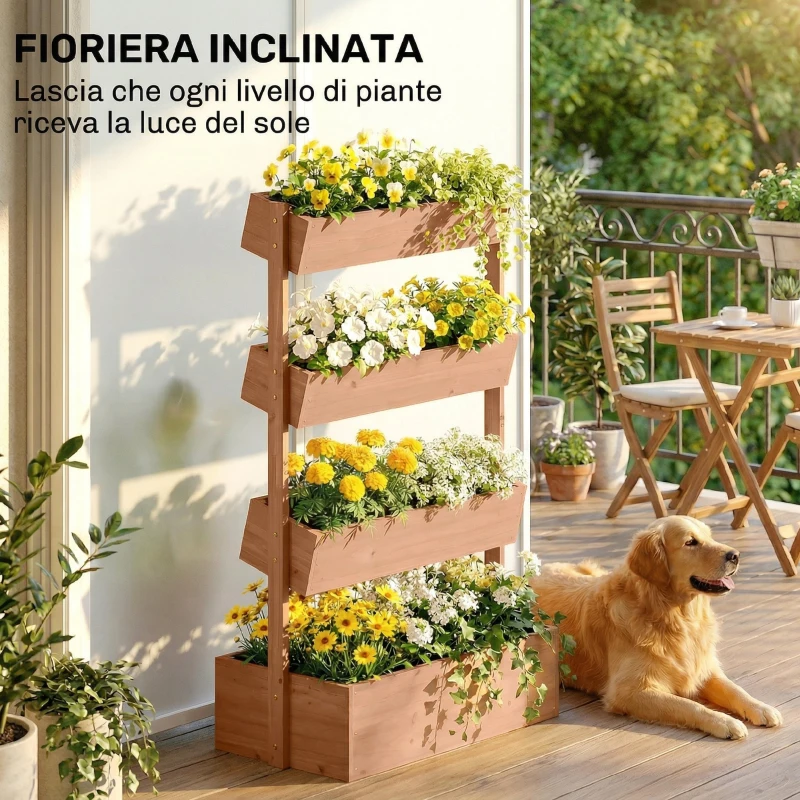 Outsunny Letto da Giardino Rialzato, Fioriera Verticale in Legno con Drenaggio e Rivestimento.